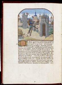 Ms.165 f.51v: Soldaat met schild en zwaard die een stormladder beklimt, uit Hesdin of Valenciennes, c.1465-68 door Simon Marmion